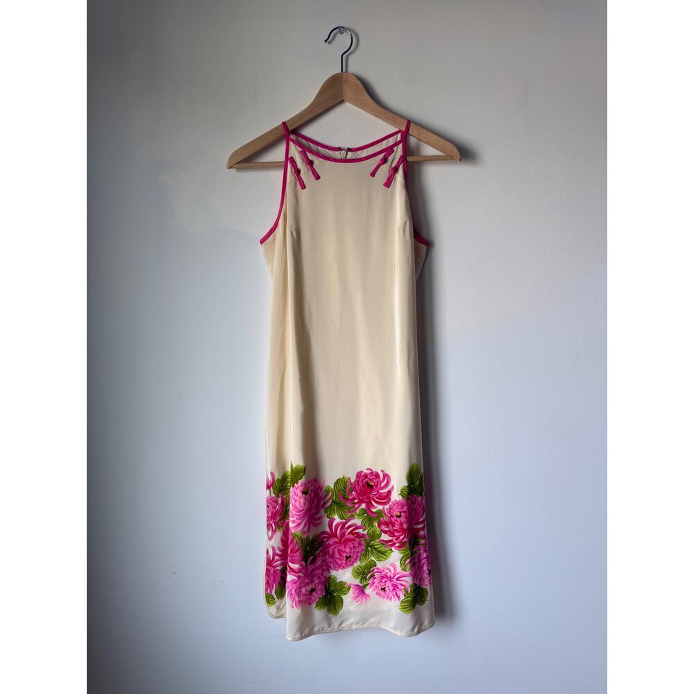 Anthropologie Silk Asian Inspired Dress Ivory Pink Chrysanthemum Floral Size 2